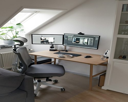 An ergonomic desk configuration displaying healthy viewing distance from a monitor